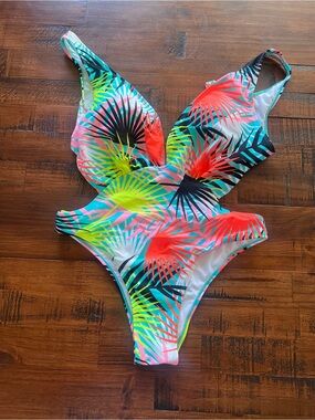 Kids Tropical Palm One-Piece Swimsuit - Neon Multi